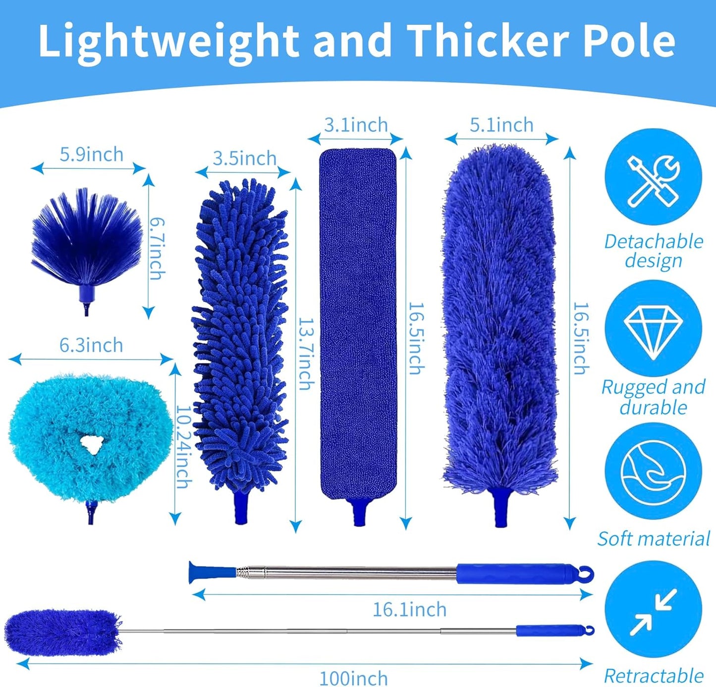 6-in-1 Duster for Cleaning Kit, Extendable Duster with Stainless Steel Pole - Microfiber, Ceiling Fan Cleaner Dusters and Chenille Dusters, Bendable Cobweb Removers for High Ceilings, Fans, Blinds