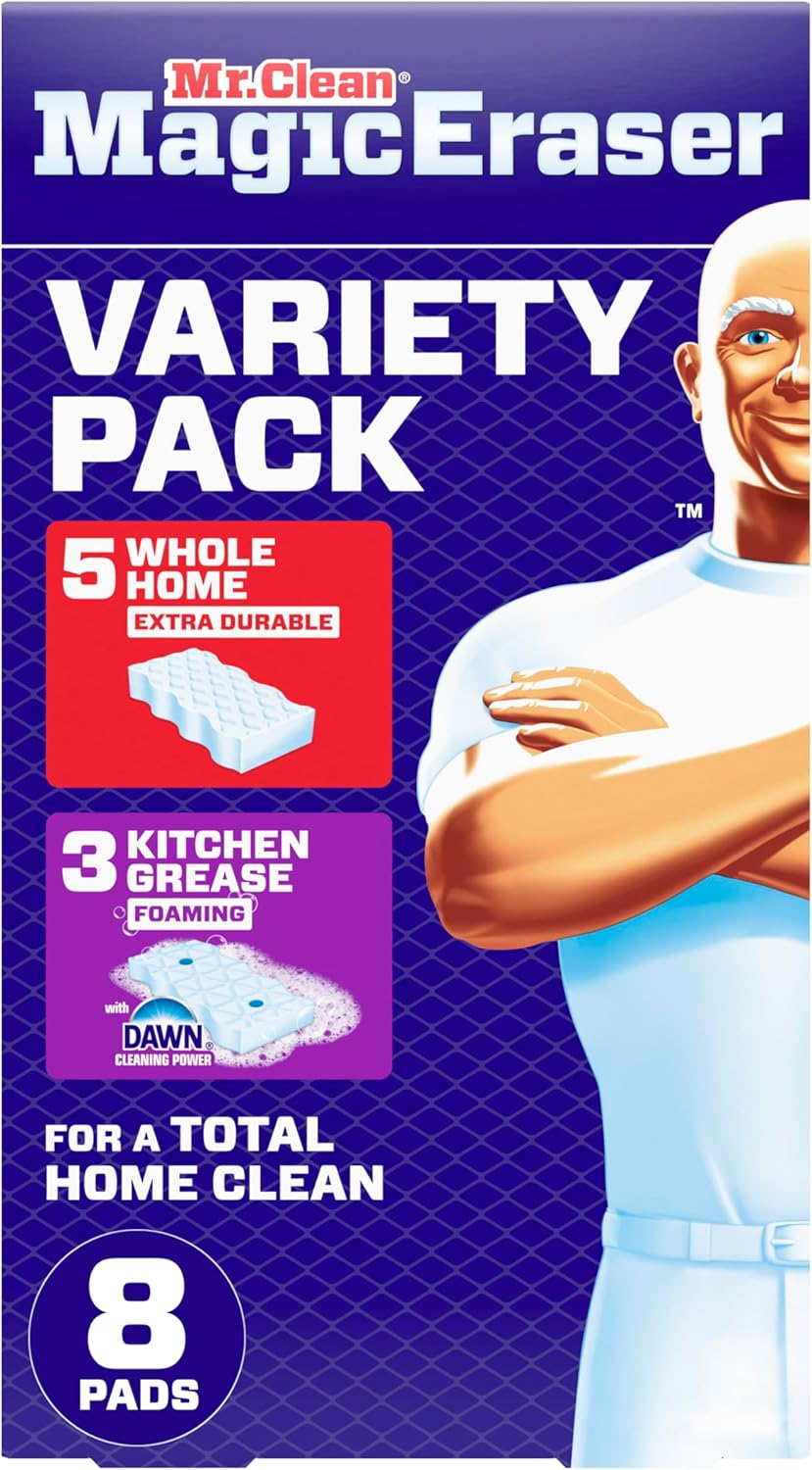 Mr. Clean Magic Eraser Sponge, All Purpose Cleaner, Cleaning Scrubber, Kitchen, Bathroom, Shower, Oven, Cleaning Supplies, Variety Pack with 1 Ultra Thick, 2 Ultra Foamy, & 3 Extra Durable, 6ct