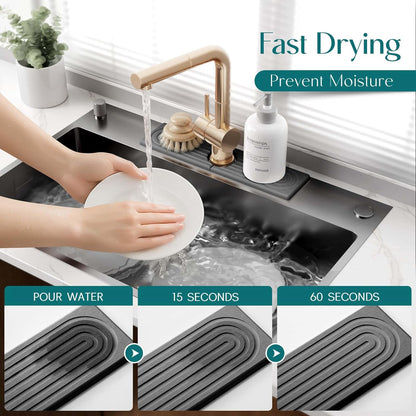Eormoe Faucet Mat for Kitchen Sink – Diatomite Stone Drying Mat & Sink Protectors, Prevent Moisture – Sink Splash Guard Water-Absorbing Stone Tray for Bathroom Counter (Light Grey, 23.6" x 3.9")