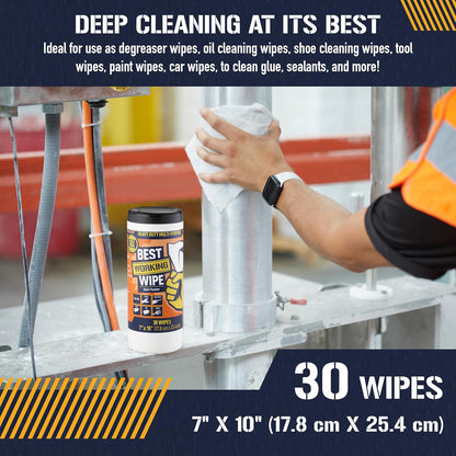 Heavy-Duty Disposable Industrial Work Cleaning Wipes Multi-Purpose, Cleans Paint, Oil, Grime, Grease, Shoes, Engines, Tools, Extra Large, 7” x 10”, 30 Wipes