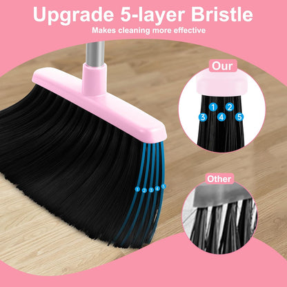 BSKLIN Broom and Dustpan Set, 52” Long Adjustable Handle Broom with Dustpan Combo Set with Dust Pan Teeth to Clean Hair for Home Lobby Office (Pink)