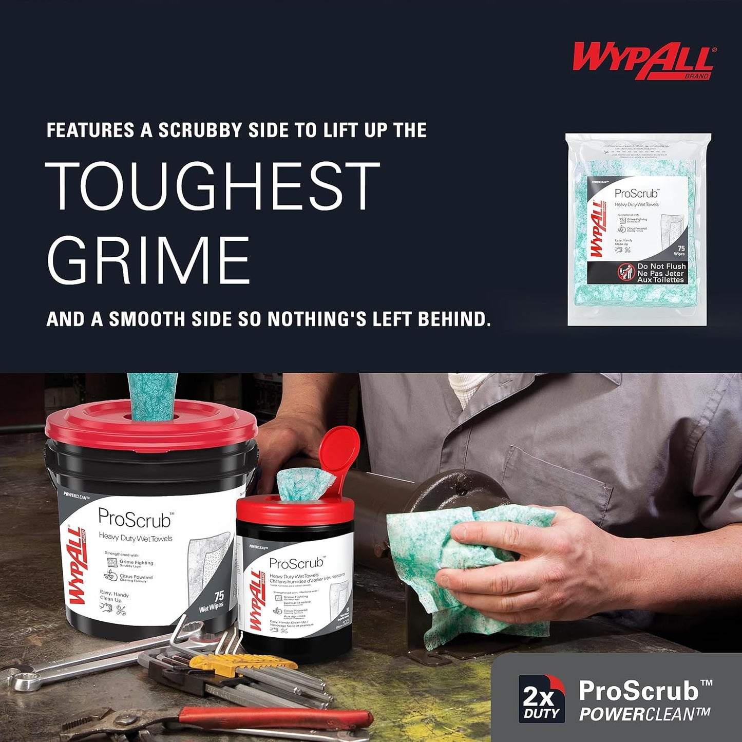 WypAll PowerClean ProScrub Heavy Duty Wet Towels (91371), Dual Action Cleaning, Large 9.5" x 12" Wipes, Bucket Included (6 Containers of 75 Sheets, 450 Sheet Total)