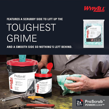 WypAll PowerClean ProScrub Heavy Duty Wet Towels (91371), Dual Action Cleaning, Large 9.5" x 12" Wipes, Bucket Included (6 Containers of 75 Sheets, 450 Sheet Total)