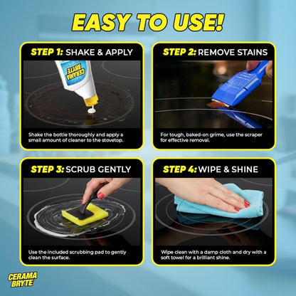Cerama Bryte Glass Cooktop and Stove Top Cleaner Combo Kit - Includes Cleaning Tool, Razor, Scraper and 1 Pad to Remove Tough Stains - Use on Gas, Electric, Ceramic Surfaces, 10 Ounces, 4 Piece