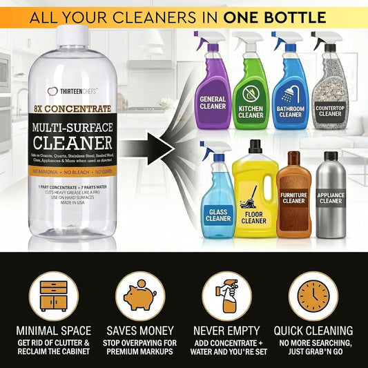 Thirteen Chefs 8X All Purpose Cleaner Concentrate - Makes 2 Gallons of Kitchen and Bathroom Cleaner for Granite and Quartz Countertops, Stainless Steel, Wood Floors - 32oz (No Sprayer Included)