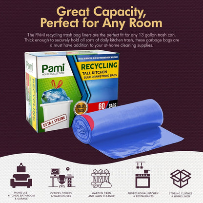 PAMI Recycling Tall Kitchen Drawstring Trash Bags- Extra-Strong Plastic Garbage Bags- Thick Trash Can Liners For Kitchen & Outdoor Bins- 2ft x2ft Unscented Trash Bags (13 Gallon – 60 Count – Clear)
