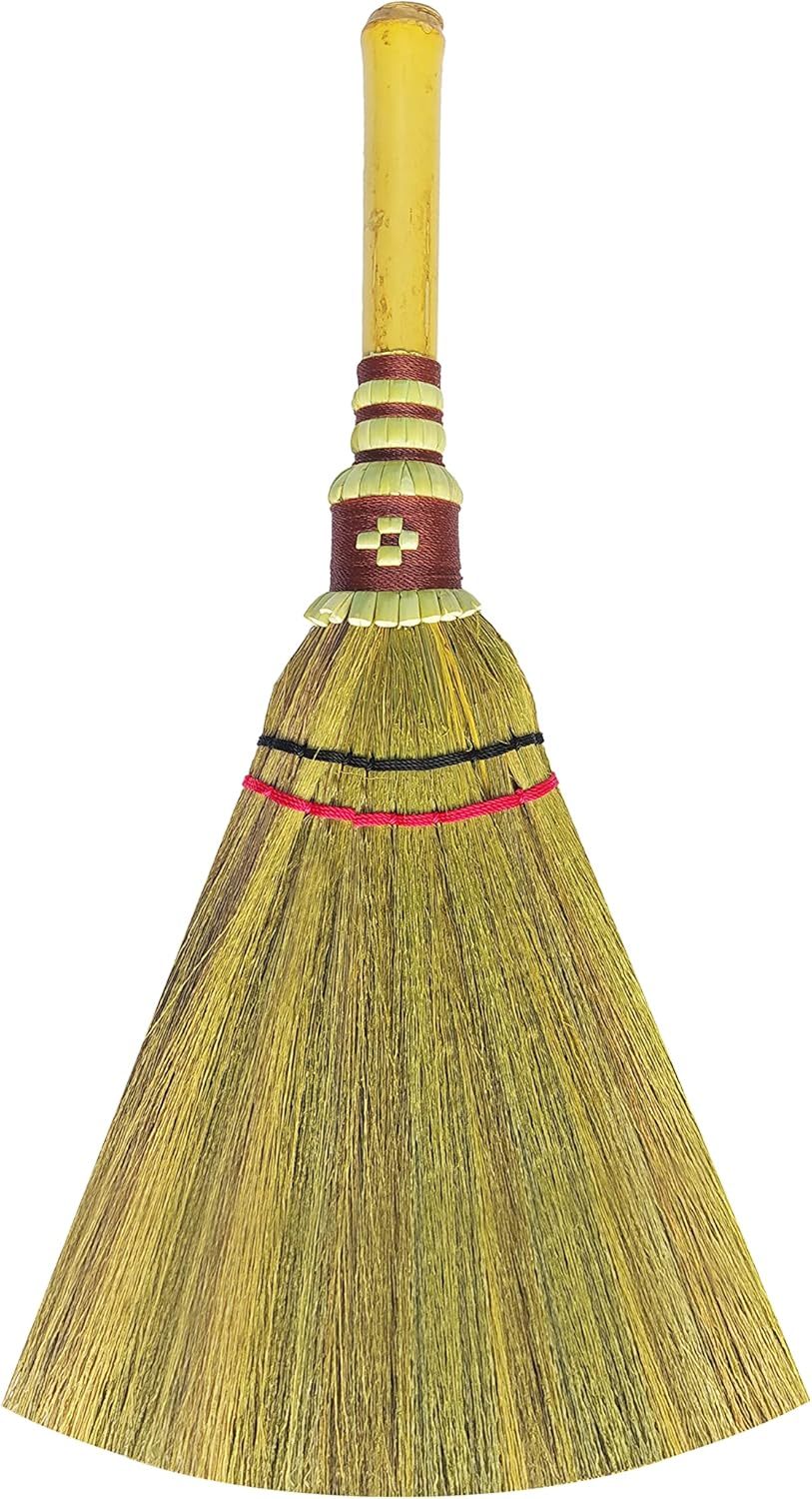 Handmade,Natural Grass Asian, Whisk Broom Thai, Handle Bamboo, Soft Brush Mini with Solid Wood Handle Retro Nature No Static Electricity Sweeping 13in