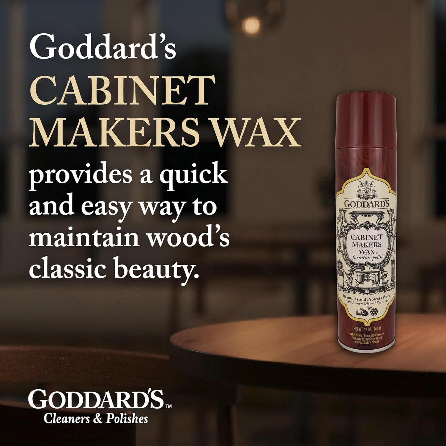 Goddard's Cabinet Makers Wax Spray, Wood Furniture Polish, Conditioner and Dust Cleaner with Bees Wax and Lemon Oil, Shine & Stain Protection, 12 oz