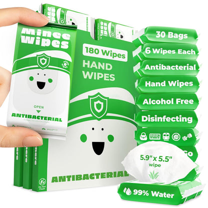 Impossibly Compact Travel Antibacterial Wipes Hand Sanitizer - 99.5% Water and Aloe - Safe for Sensitive Skin & Hypoallergenic Hand Wipes - Travel Essentials For Adults & Kids, 10 Pack Total 60 Wipe