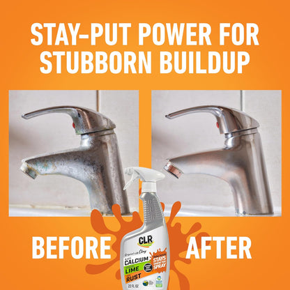 CLR Brands Calcium, Lime & Rust Remover with Cling, 22 oz. Spray Bottle, Adheres to Hard-to-Reach Surfaces, Blasts Calcium, Dissolves Lime Deposits, Zaps Stubborn Rust Stains and Hard Water Deposits
