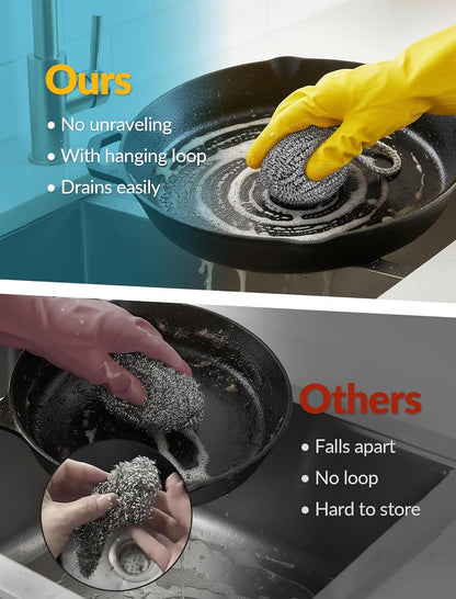 NiHome 10-Pack Steel Wool Scrubbers for Kitchen Cleaning, Stainless Steel Scourers with Hanging String, Reusable Rust-Resistant Scrubbers for Pots, Pans, Grill Racks, Sinks, Cast Iron