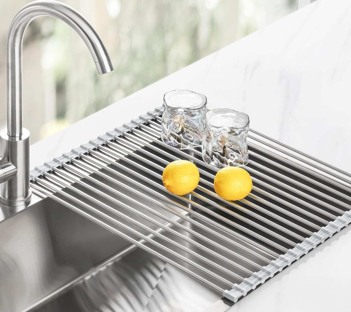 Tomorotec 17.7" x 15.5" Roll Up Dish Drying Rack Over Sink Drying Rack Sink Cover Kitchen Sink Accessories Gadget Multipurpose Organizer Foldable Stainless Steel Drainer (Grey)