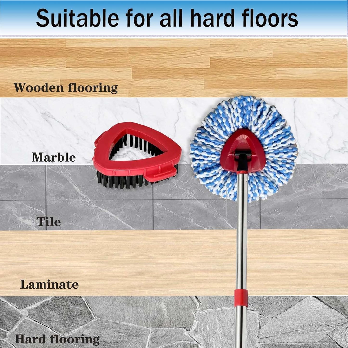 Spin Mop Replace Heads for O Cedar Rinse Clean 2 Tank System, Spin Mop Replacement Head 4 Microfiber Mop Refills, 1 Triangle Head Cover and 30-58in Handle 1 1Scrub Brush
