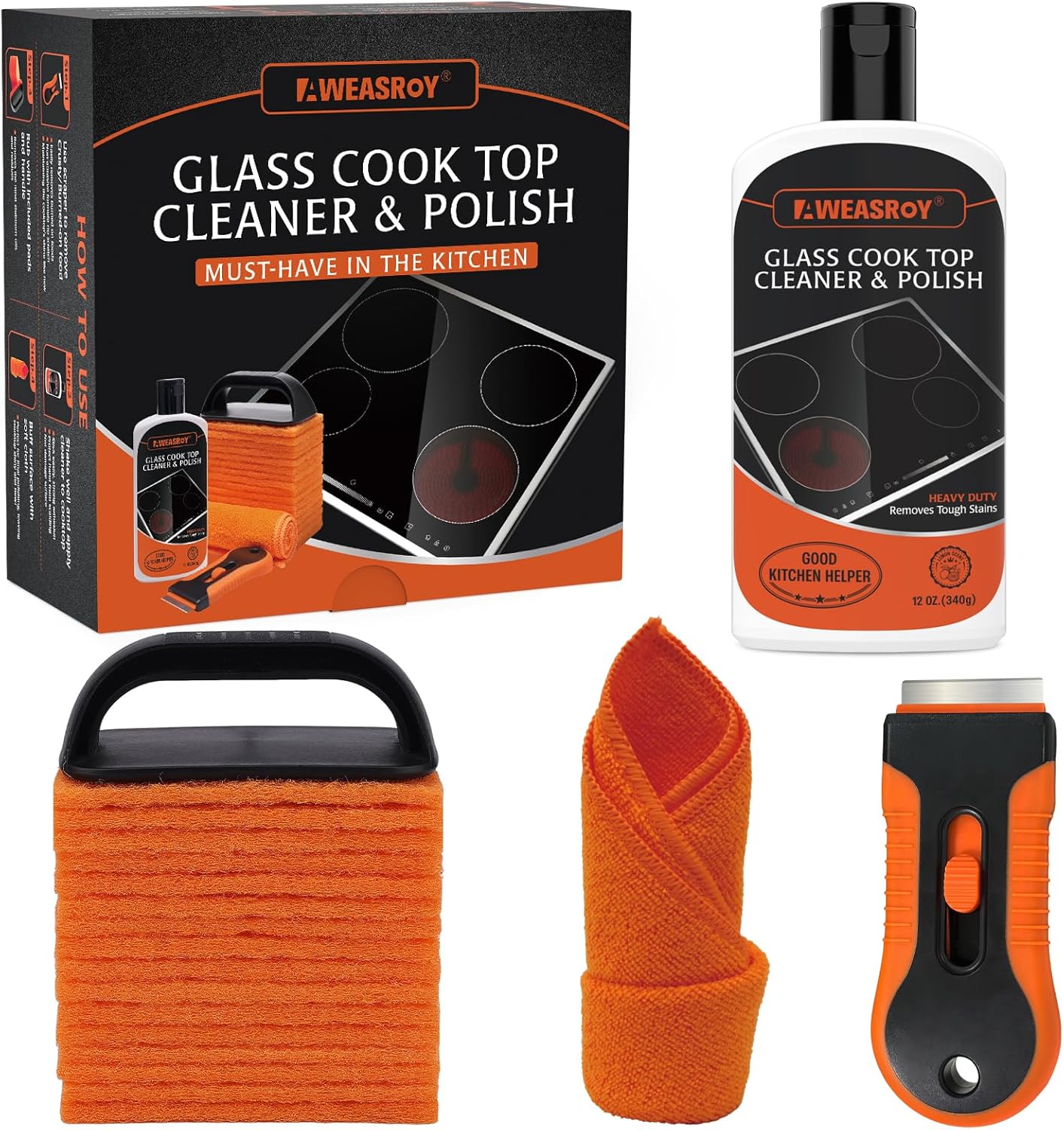 AWEASROY Glass Stove Top Cleaner Kit 12 oz, Cooktop Cleaner and Polish Non-Abrasive No Scratch Removes Tough Stains, with Scrubbing Pad, Handle, Scraper, Cloth
