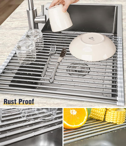 Tomorotec 17.7" x 15.5" Roll Up Dish Drying Rack Over Sink Drying Rack Sink Cover Kitchen Sink Accessories Gadget Multipurpose Organizer Foldable Stainless Steel Drainer (Grey)