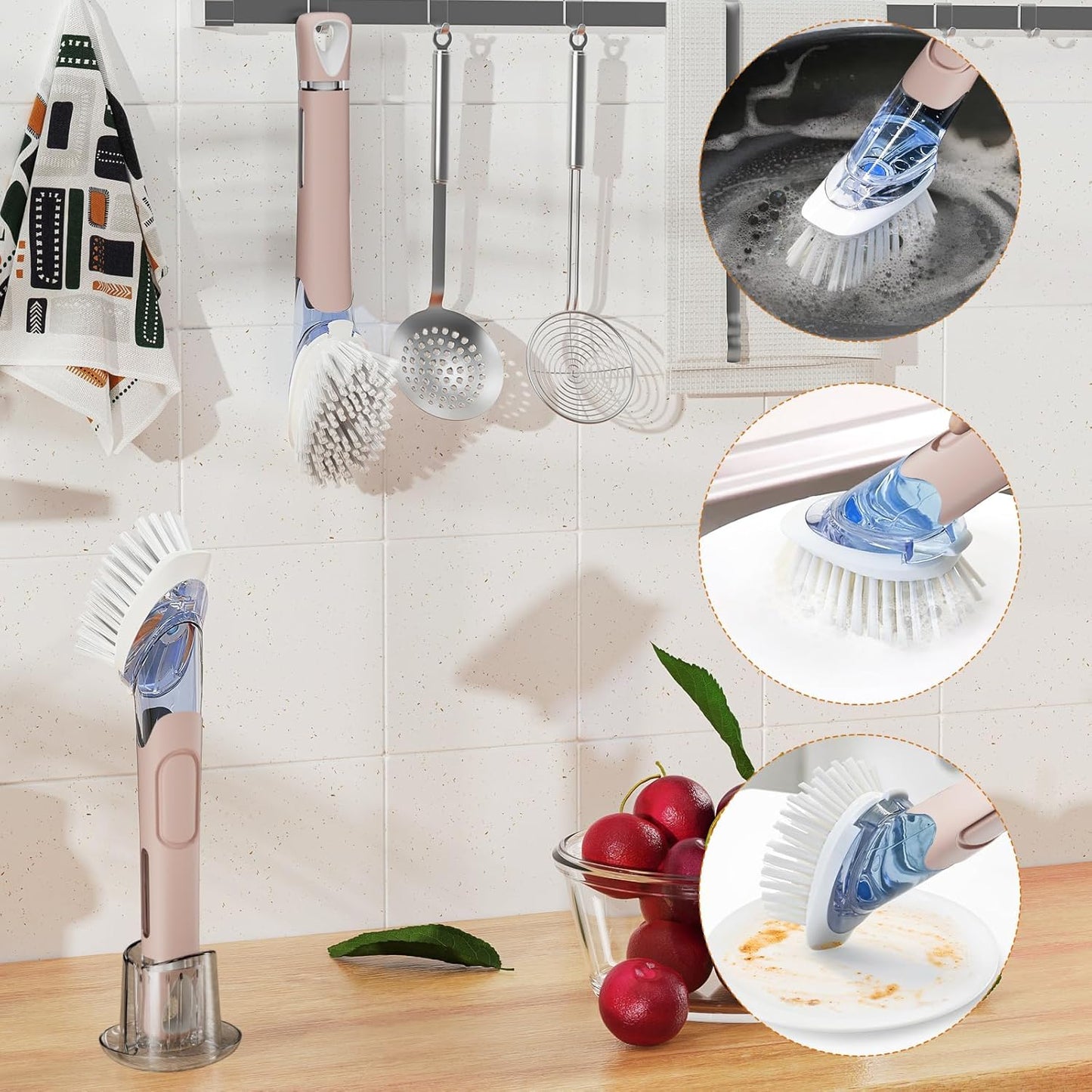 Soap Dispensing Replacement Dish Brush Storage Set with 2 PCS Brush Refills & Holder - RIMAY Dispenser Scrub Cleaning Scrubber Kitchen Dishwashing Dish Wand Handle for Dishes/Pans/Pots/Sink(Black)
