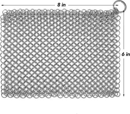 TOPULORS Cast Iron Scrubber 316 Stainless Steel Skillet Cleaner 8"x6" Chainmail Scrubber Scraper Chain Mail Link Scrub for Cast Iron Pre-Seasoned Pans, Griddles, BBQ Grills, and Pot Cookware Cleaning