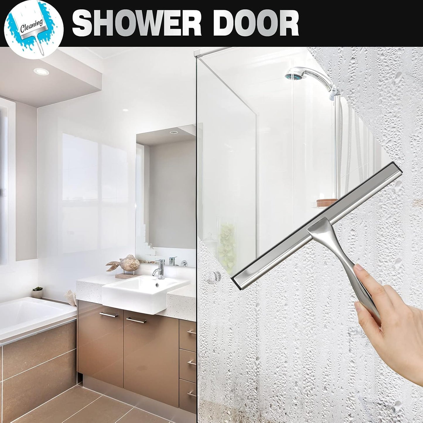 NETANY Shower Squeegee, 14-Inch Matte Black Squeegee, All-Purpose Stainless Steel Squeegee for Bathroom, Shower Doors, Mirrors, Tiles and Car Windows - 100% Streak Free