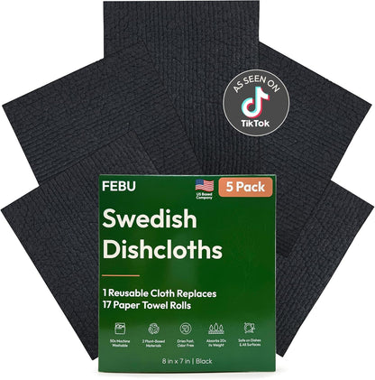 FEBU Swedish Dishcloths for Kitchen | 5 Pack Watercolor Reusable Paper Towels Washable | Swedish Dish Towels | Non-Scratch Cellulose Sponge Cloths | No Odor, Biodegradable Cleaning Cloths