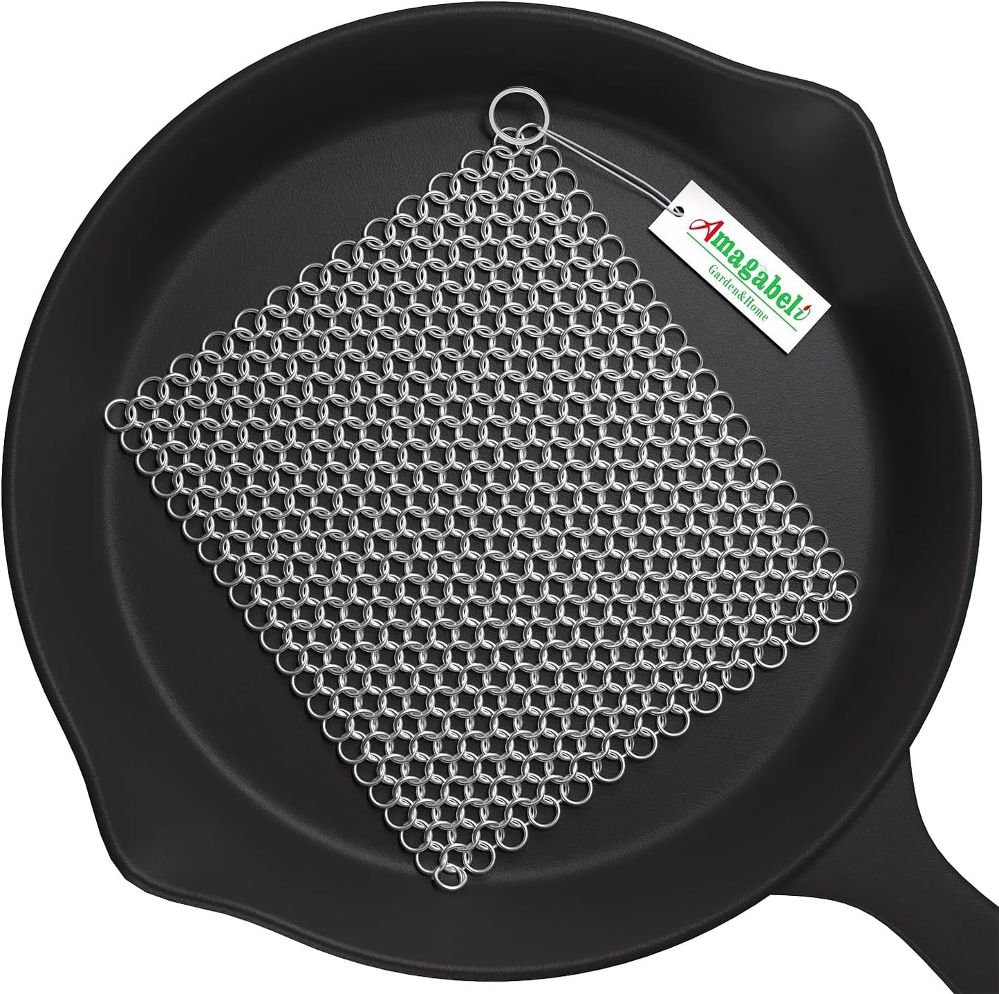 Amagabeli Cast Iron Cleaner 8"x6" Premium Stainless Steel Chainmail Scrubber Cast Iron Skillet Cleaner for Pan Pot Wok Griddles BBQ Grills Cast Iron Cleaning