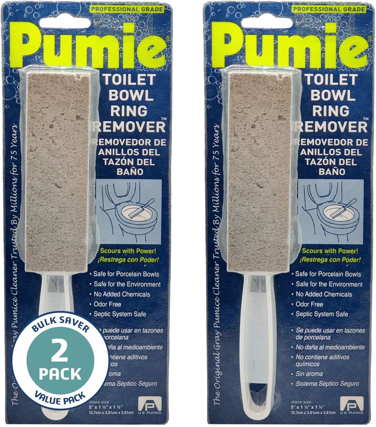 PUMIE Pumice Stone Toilet Bowl Cleaner (2-Pack) - Toilet Pumice Stone with Handle - Heavy Duty Scouring Stick for Rings, Bowls, Hard Water Stains, Lime, Rust, Sink - Includes Handle for Easy Use
