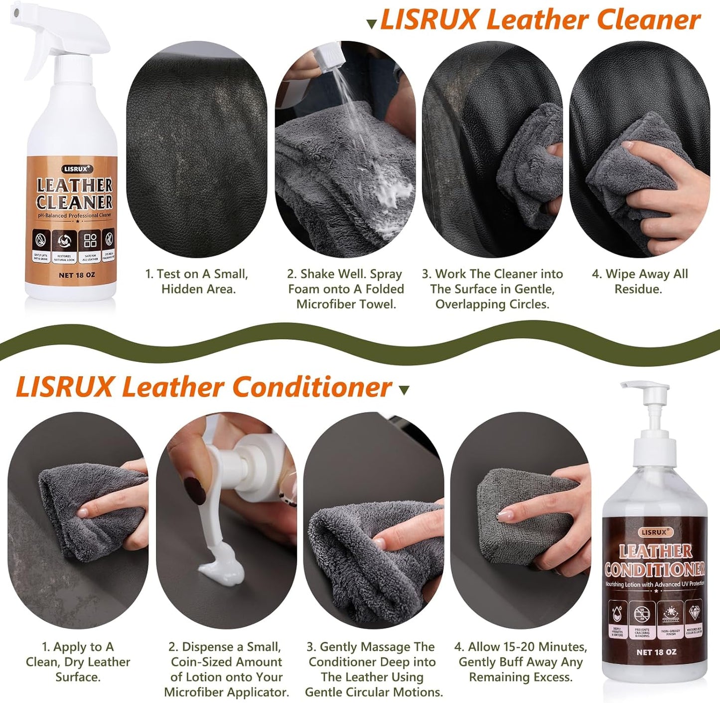 LISRUX Leather Cleaner and Conditioner Kit-2×18oz, Leather Cleaner for Car Seats, Furniture, Couches, Shoes & Boots, pH-Balanced, Restores & Protects All Leather For Natural, Synthetic, Faux, Pleather