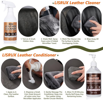LISRUX Leather Cleaner and Conditioner Kit-2×18oz, Leather Cleaner for Car Seats, Furniture, Couches, Shoes & Boots, pH-Balanced, Restores & Protects All Leather For Natural, Synthetic, Faux, Pleather