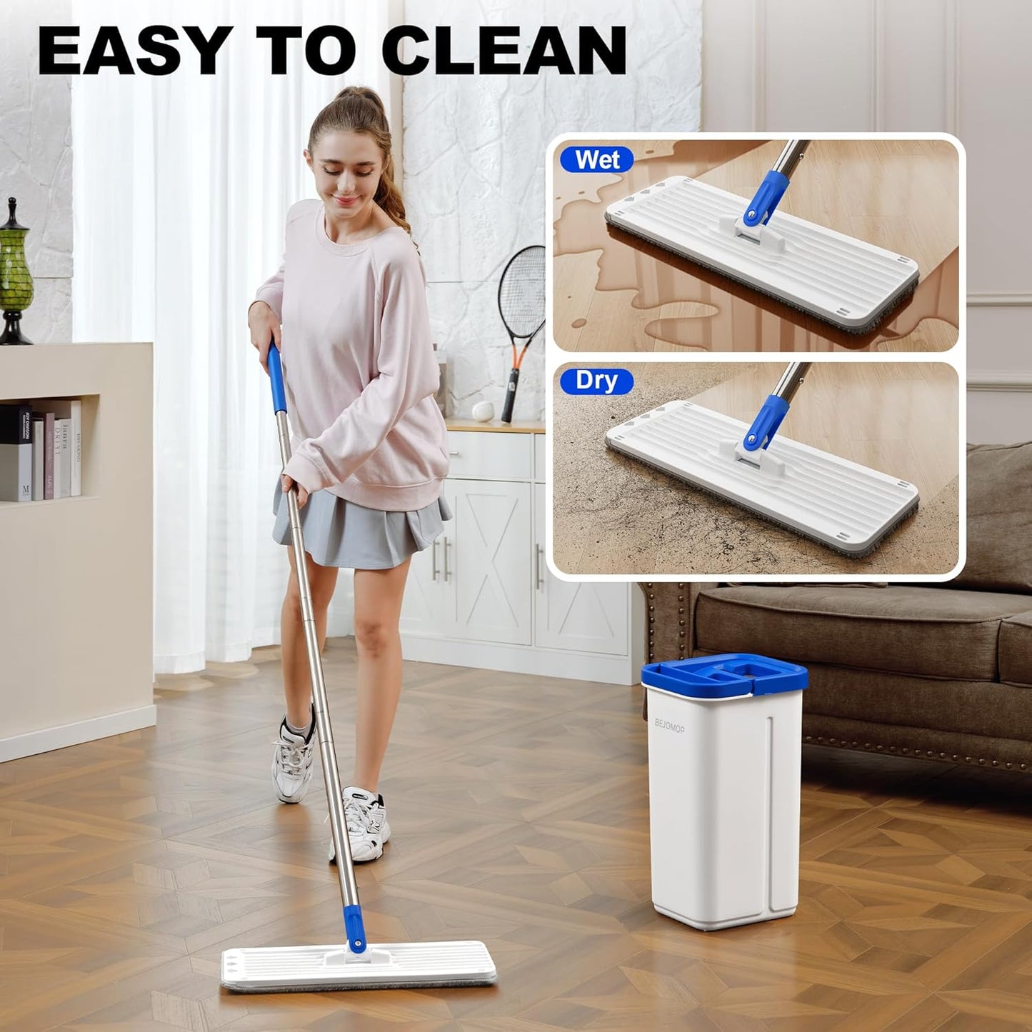 Mop and Bucket Set, Mops for Floor Cleaning with Long Handle, Squeeze Flat Mop and Bucket System, Dry & Wet Dust Mop for Household Floor Cleaning with 5 Microfiber Mops, Slate Blue