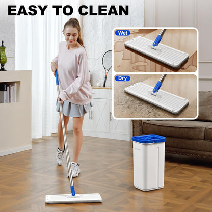 Mop and Bucket Set, Mops for Floor Cleaning with Long Handle, Squeeze Flat Mop and Bucket System, Dry & Wet Dust Mop for Household Floor Cleaning with 5 Microfiber Mops, Slate Blue