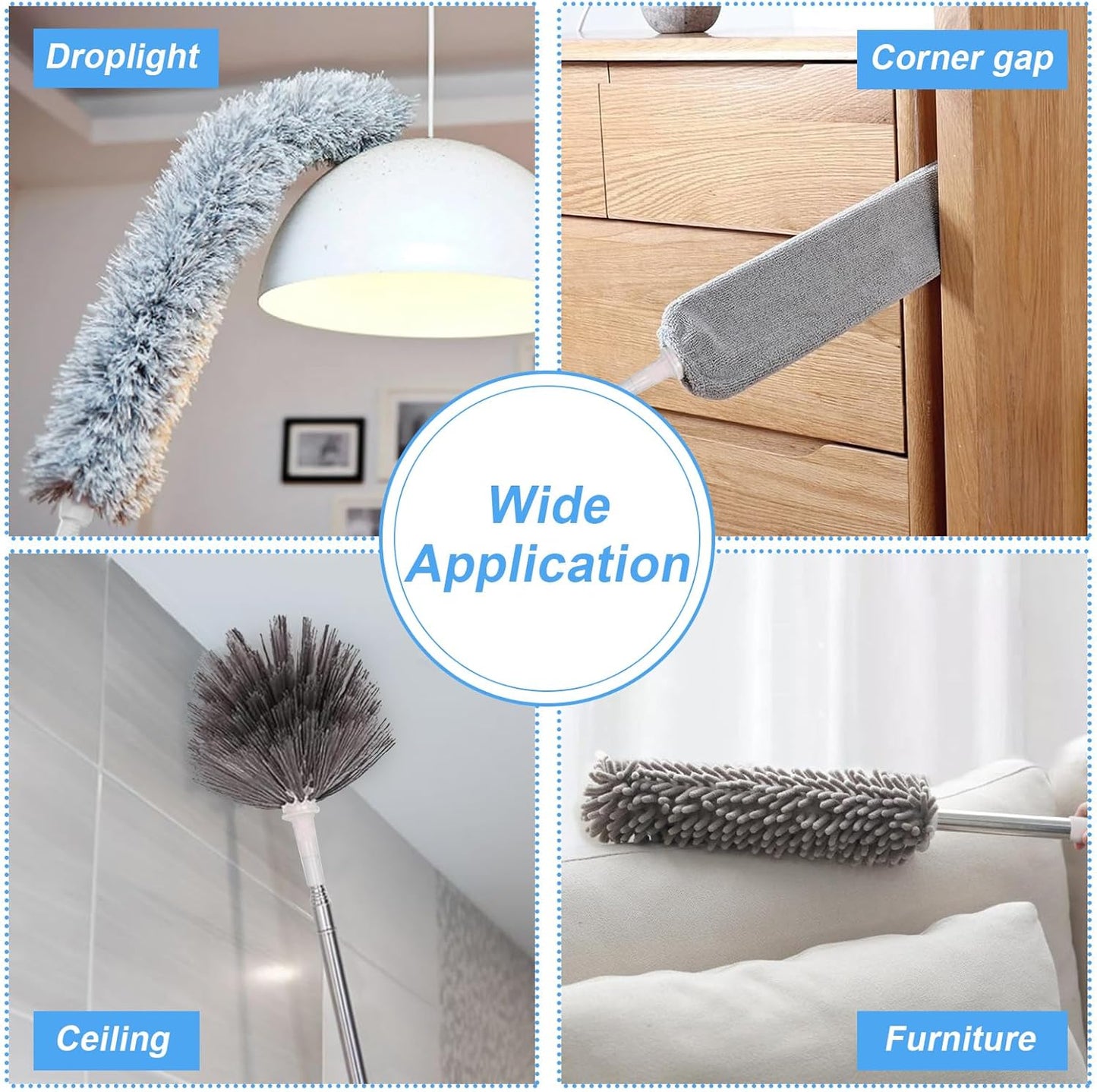 6-in-1 Duster for Cleaning Kit, Extendable Duster with Stainless Steel Pole - Microfiber, Ceiling Fan Cleaner Dusters and Chenille Dusters, Bendable Cobweb Removers for High Ceilings, Fans, Blinds