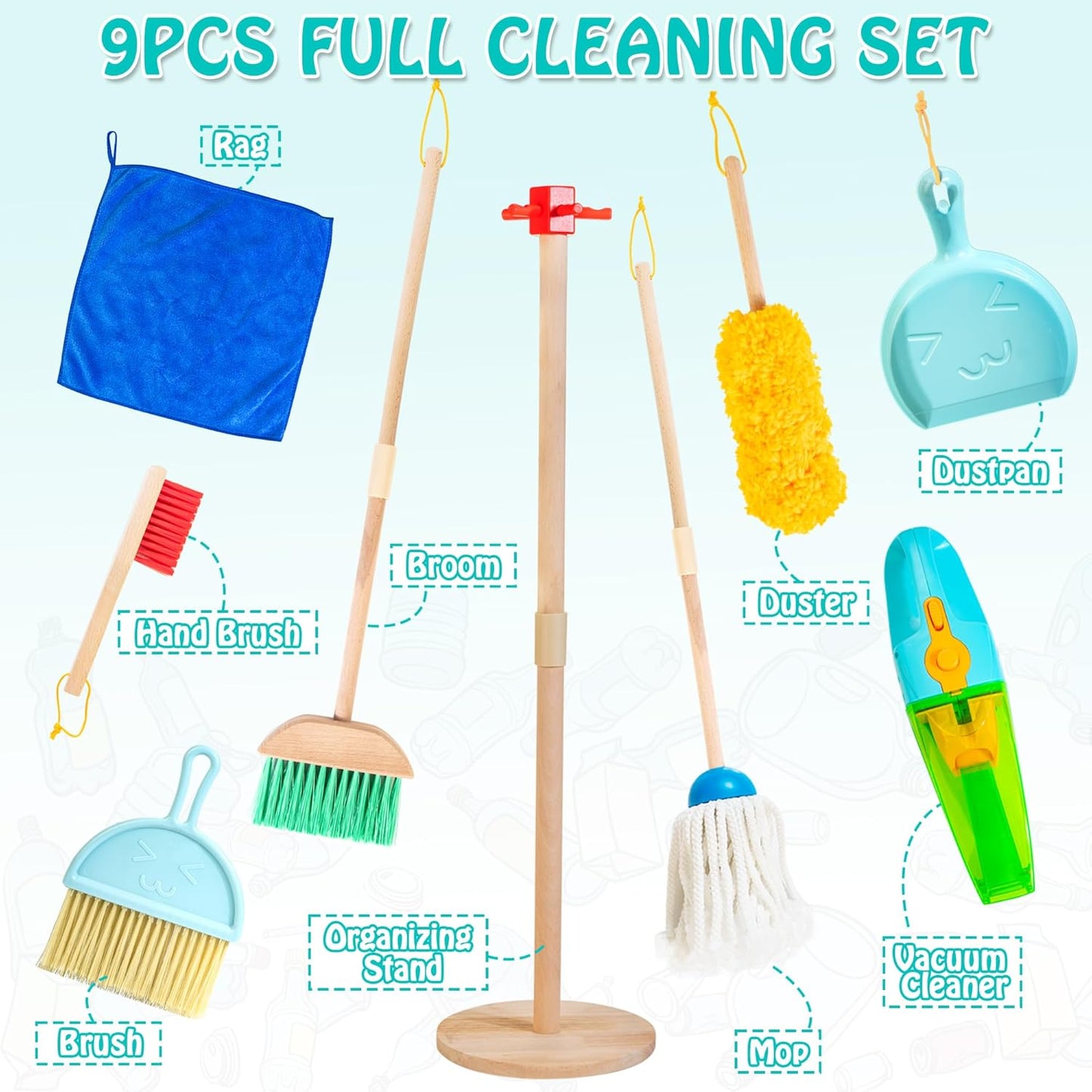 Kids Cleaning Set, 8 Pcs Wooden Housekeeping Play Set Includes Broom Mop Duster Dustpan Brushes Rag and Organizing Stand, Cleaning Toys Gift for Toddlers Girls Boys Age 3-6, Solid Beech Wood