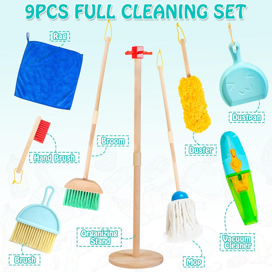 Kids Cleaning Set, 8 Pcs Wooden Housekeeping Play Set Includes Broom Mop Duster Dustpan Brushes Rag and Organizing Stand, Cleaning Toys Gift for Toddlers Girls Boys Age 3-6, Solid Beech Wood