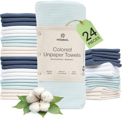 mioeco 20 Pack Reusable Kitchen Paper Towels Washable - Super Absorbent Natural unPaper Towels - Natural Cotton - Reusable, Paperless Kitchen Dish Cloths - 100% Organic