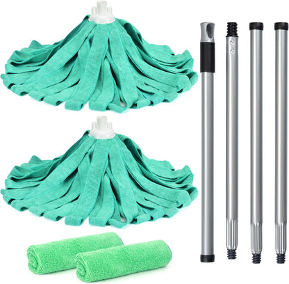 Matthew Microfiber Mop Compatible with Ceda Refill - Commercial Mop Replacement 54" Stainless Steel Handle with 2 Wet Mop Heads w/1 Handle Incl. 2 Pcs Blue Microfiber Cloth