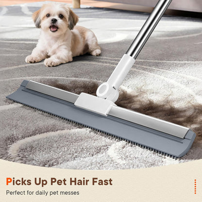 Floor Squeegee with Long Handle, 180° Rotating Silicone Broom for Concrete & Tile Floors, Squeegee for Water Removal on Garage, Bathroom and Deck, Adjustable 35–62 in Handle, 2 Pads