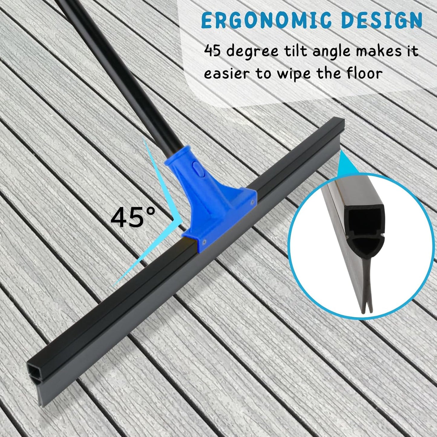 Squeegee Broom for Floor, 18'' Heavy Duty Rubber Wiper with 60'' Long Handle for Bathroom Tile, Garage Concrete, Deck, Shower Glass, Window Cleaning