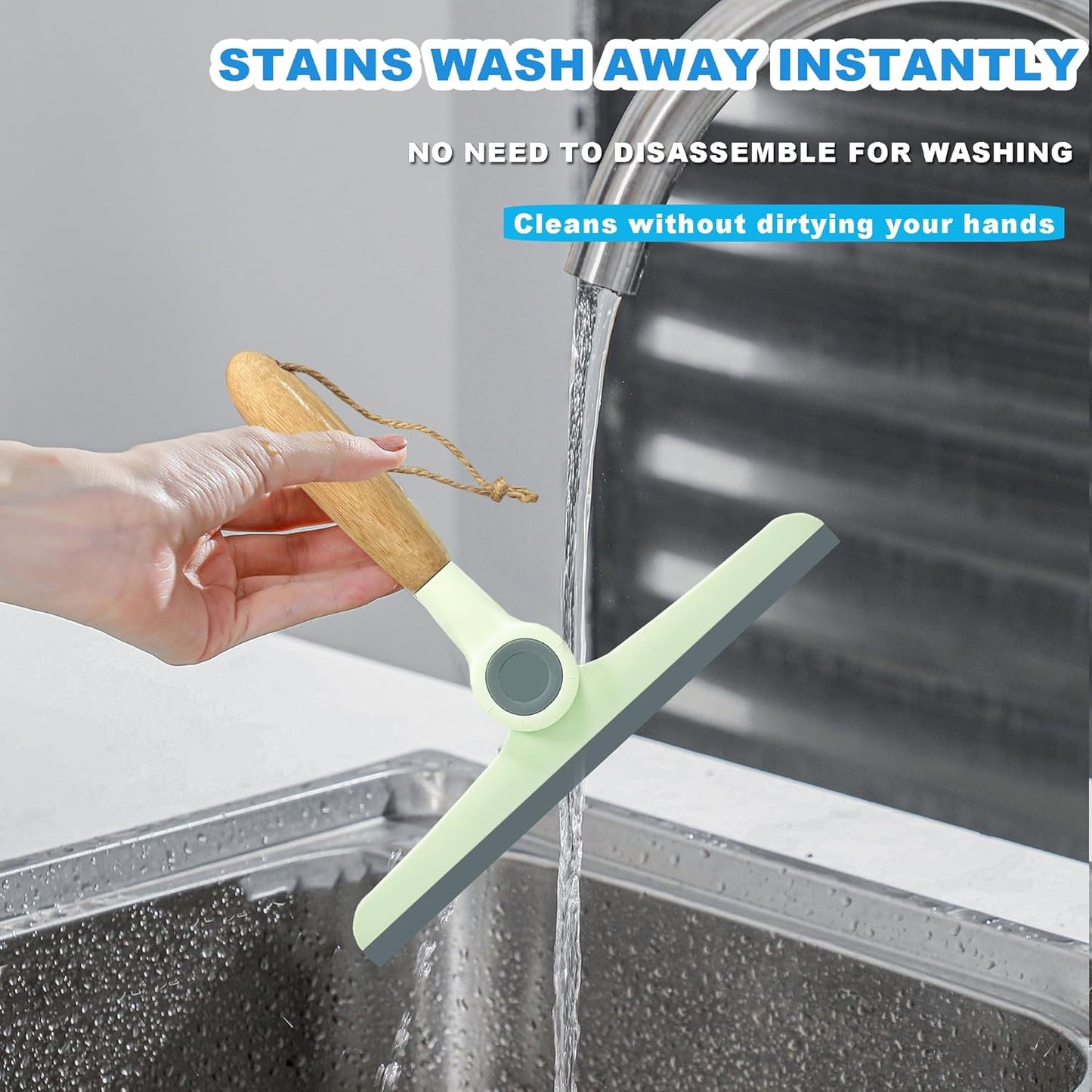 Small Squeegee Silicone Squeegee with Wood Handle Household Cleaner for Mirror Window Car Windshield Shower Door Countertop (Green Wood Handle)