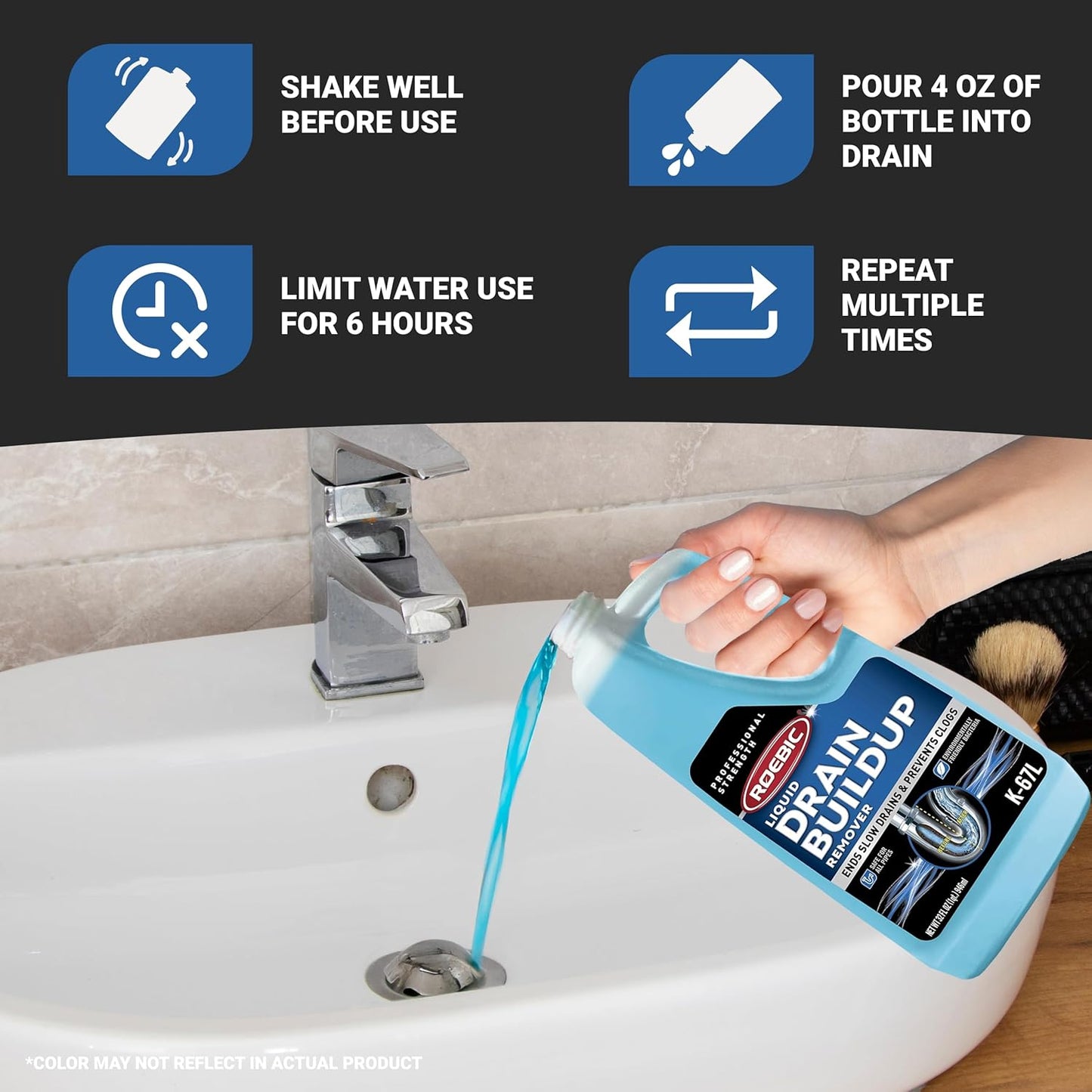 Roebic K-67 Liquid Drain Cleaner, Pipe Buildup Remover with Bacteria Enzymes for Household Drains and Sink Traps, Safe for Kitchen and Bathroom Sink, 32 fl oz