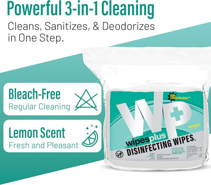 WIPESPLUS Disinfecting Surface Wipes Refill Bag Bleach Free with Lemon Scent for Home and Business, 800 Count