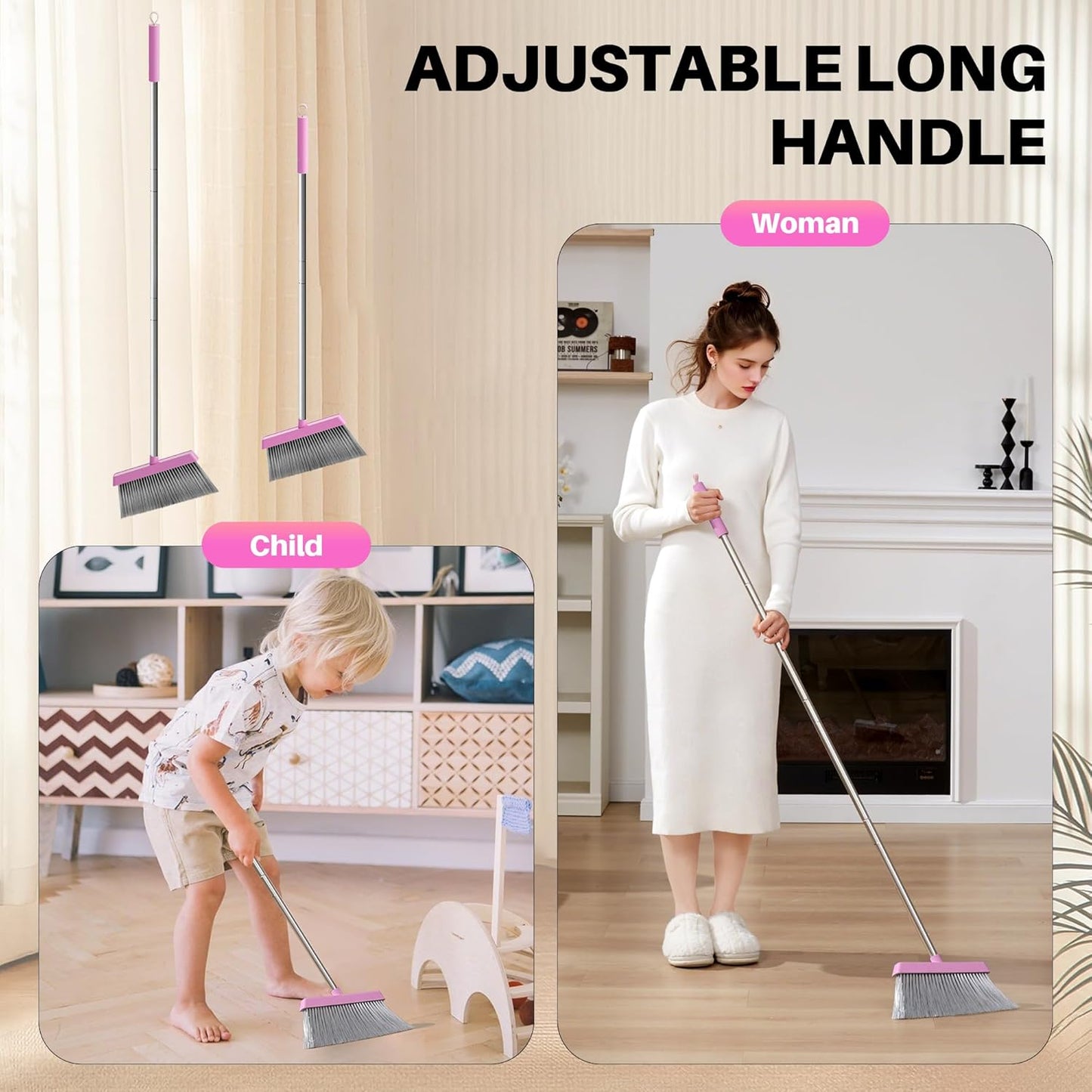 JOYMOOP White Broom and Dustpan Set, Upright Angle Design with Built-in Comb Teeth for Kitchen, Office, Pet Hair, Hard Floors