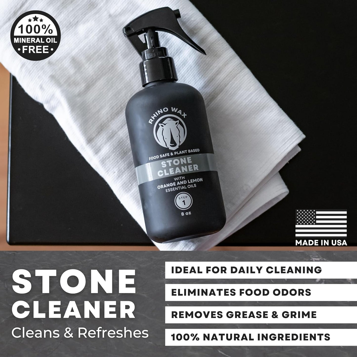 Rhino Wax Soapstone Spray Cleaner - Safely Clean Soap Stone, Slate, Granite, Quartz, Marble, Concrete - Food Safe - Natural Ingredients - Fresh Orange & Lemon Scent Neutralizes Odors - Made in USA