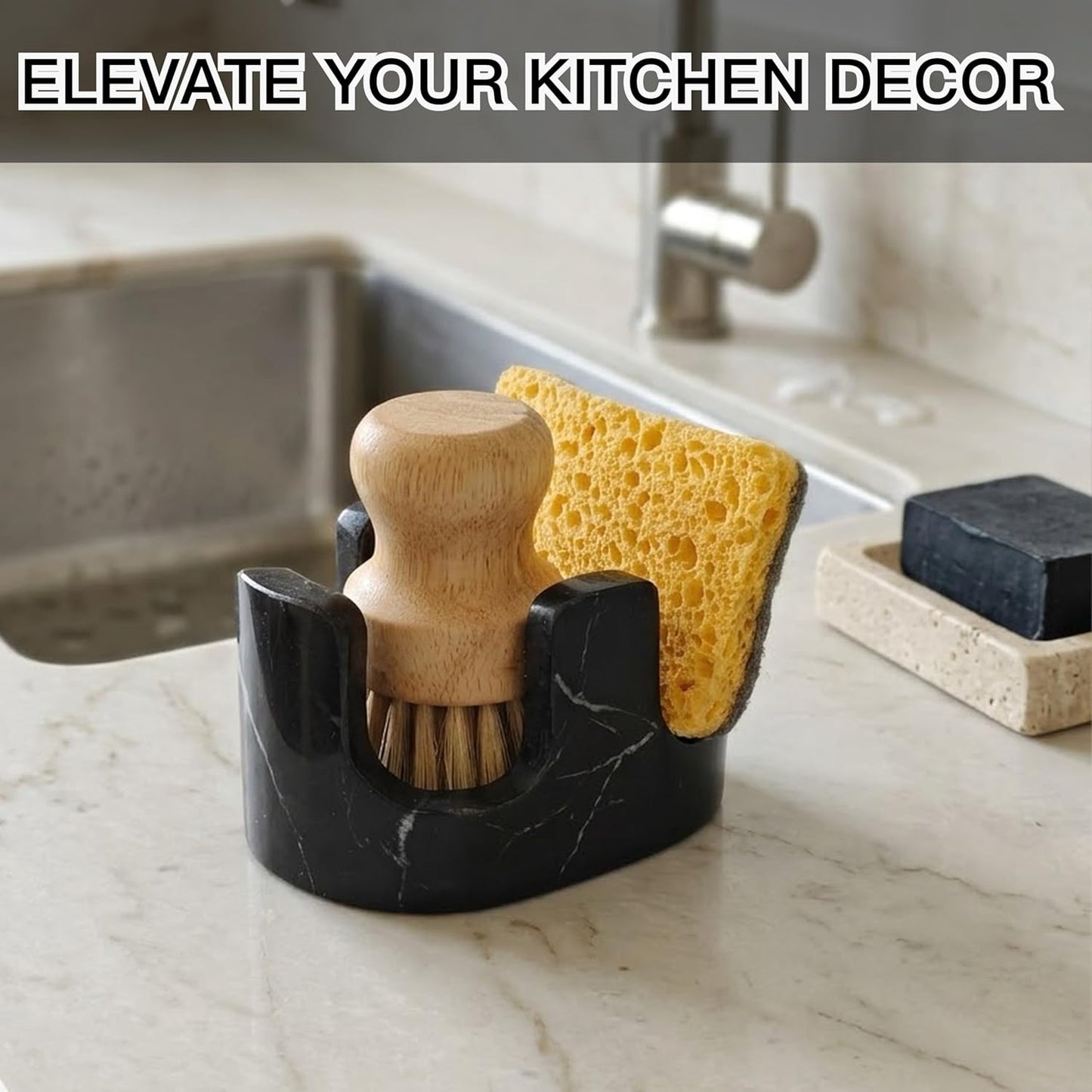 White Marble Sponge Holder for Kitchen Sink, 2-in-1 Sponge & Brush Holder with Raised Edge, 2 Slot Natural Stone Sink Caddy for Countertop, Keeps Countertops Dry, Non-Slip Base, Modern Kitchen Decor