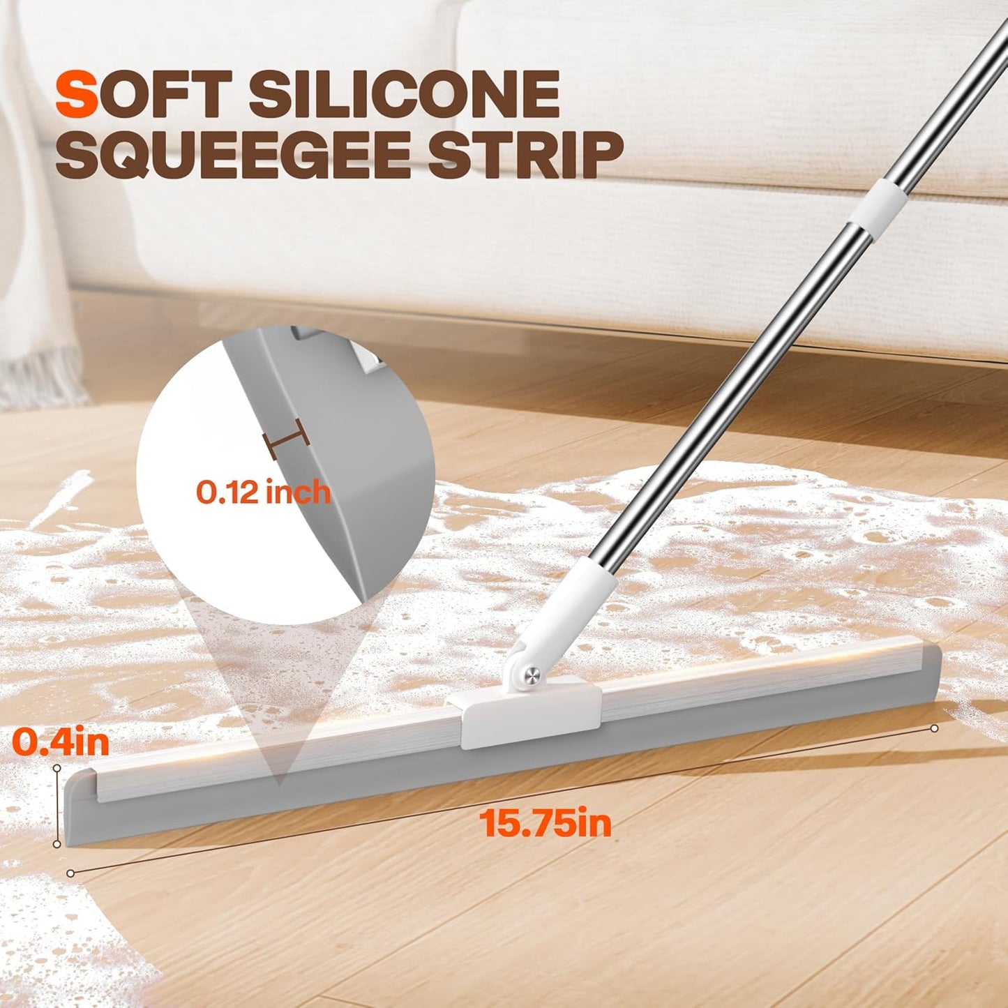 Silicone Squeegee for Floor, 180° Rotating Squeegee Broom, Floor Squeegee with a Long Handle, Squeegee for Water and Pet Hair Removal on Bathroom Floors, Tile, Glass, Indoor Window Cleaning Tool