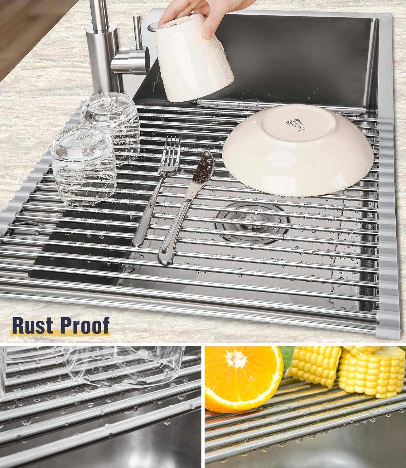 Tomorotec 17.7" x 15.5" Roll Up Dish Drying Rack Over Sink Drying Rack Sink Cover Kitchen Sink Accessories Gadget Multipurpose Organizer Foldable Stainless Steel Drainer (Grey)