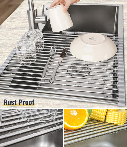 Tomorotec 17.7" x 15.5" Roll Up Dish Drying Rack Over Sink Drying Rack Sink Cover Kitchen Sink Accessories Gadget Multipurpose Organizer Foldable Stainless Steel Drainer (Grey)