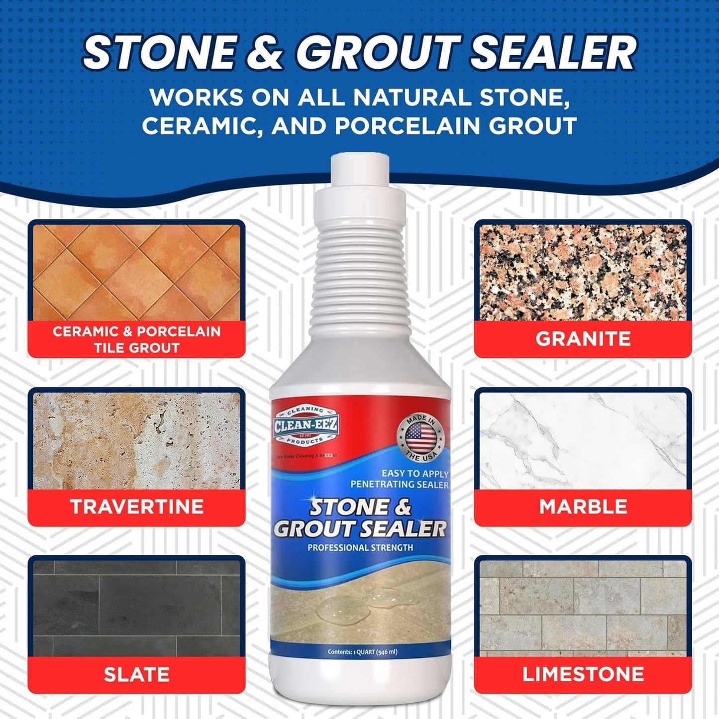 Clean-EEZ Grout Sealer - Protect Your Floors and Showers from Stains - Natural Stone Safe - Water and Oil Shield - Large 32 oz Bottle