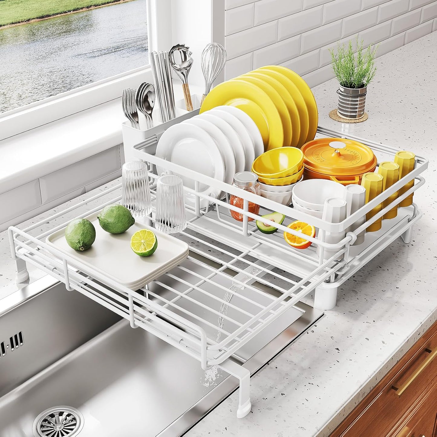 SNTD Dish Drying Rack - Extendable Dish Rack, Large Sink Drying Dish Drainer for Kitchen Counter, Stainless Steel Dish Strainer with Utensil Holder (Black)