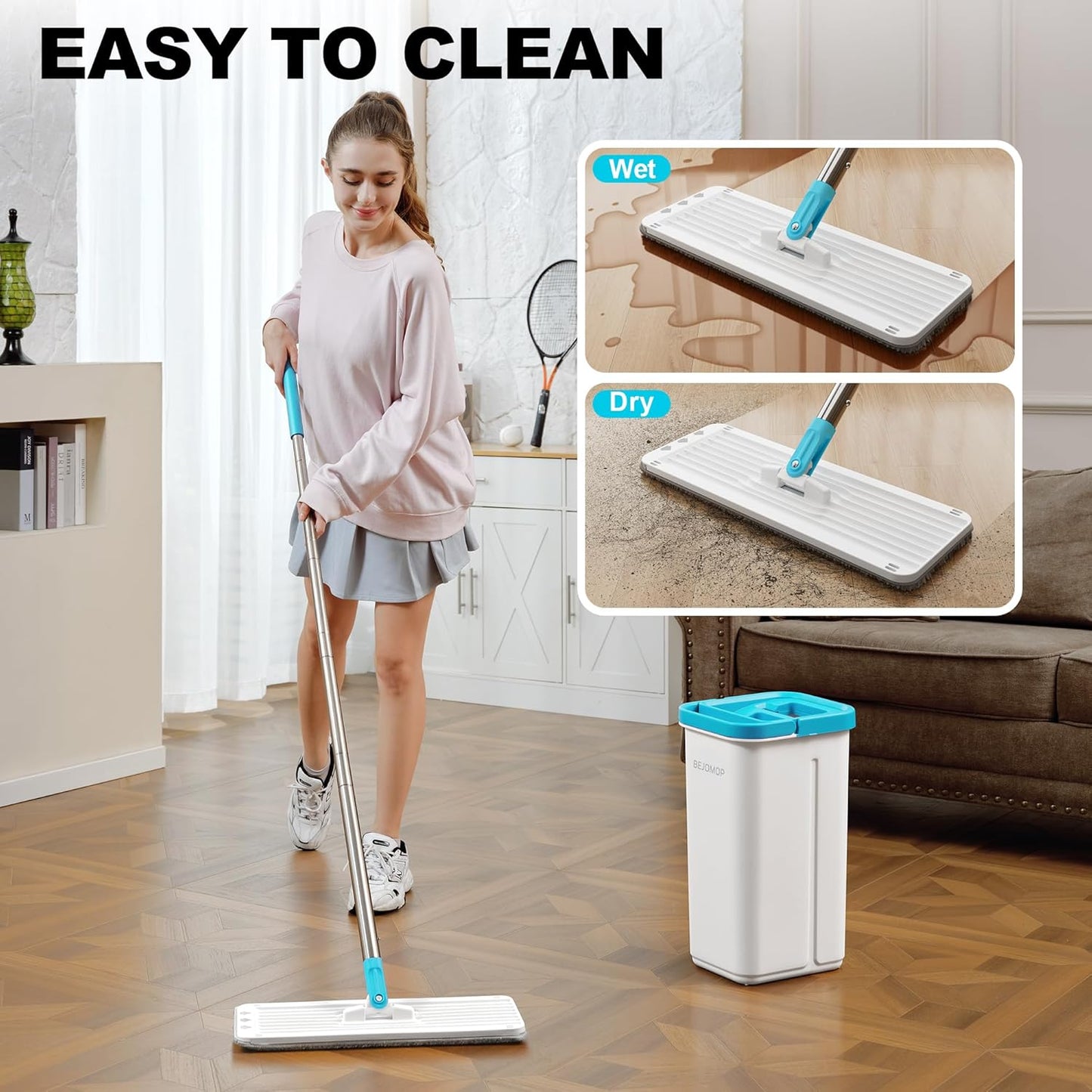 Mop and Bucket Set, Mops for Floor Cleaning with Long Handle, Squeeze Flat Mop and Bucket System, Dry & Wet Dust Mop for Household Floor Cleaning with 5 Microfiber Mops, Slate Blue