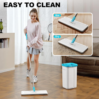 Mop and Bucket Set, Mops for Floor Cleaning with Long Handle, Squeeze Flat Mop and Bucket System, Dry & Wet Dust Mop for Household Floor Cleaning with 5 Microfiber Mops, Slate Blue