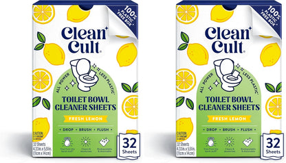 Cleancult Toilet Bowl Cleaner Sheets - Dissolvable, Septic Safe, Effective Cleaning, Removes Stains & Rings, Cleans & Deodorizes - 32 Uses - Fresh Lemon Scent - Plastic-Free Packaging